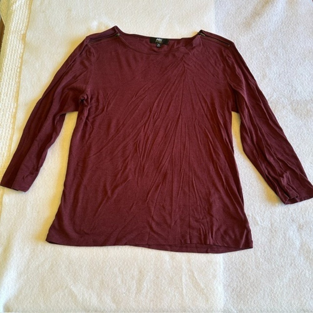 ABS Allen Schwartz Long Sleeve Top Womens XL Burgundy Maroon Shoulder Zip Casual